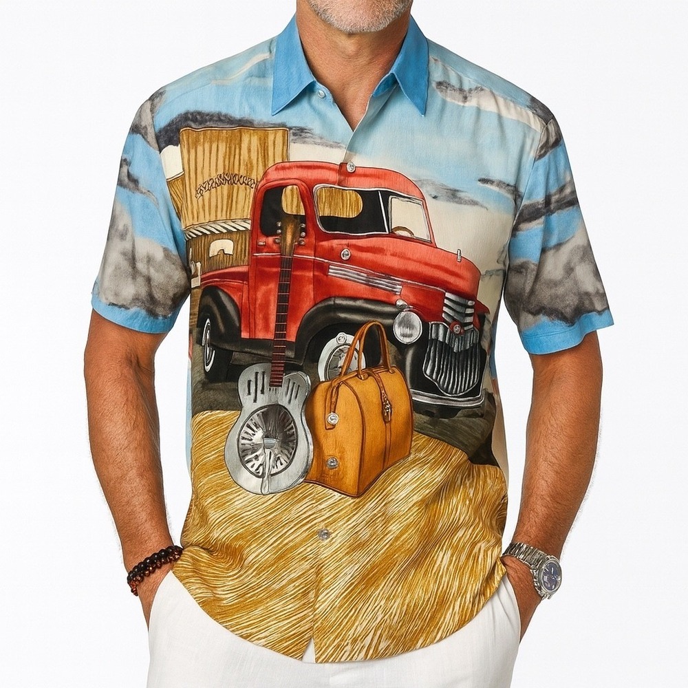 Tori Richard Mens Crossroads Red Truck Guitar Rare Button Down Shirt Blue M
